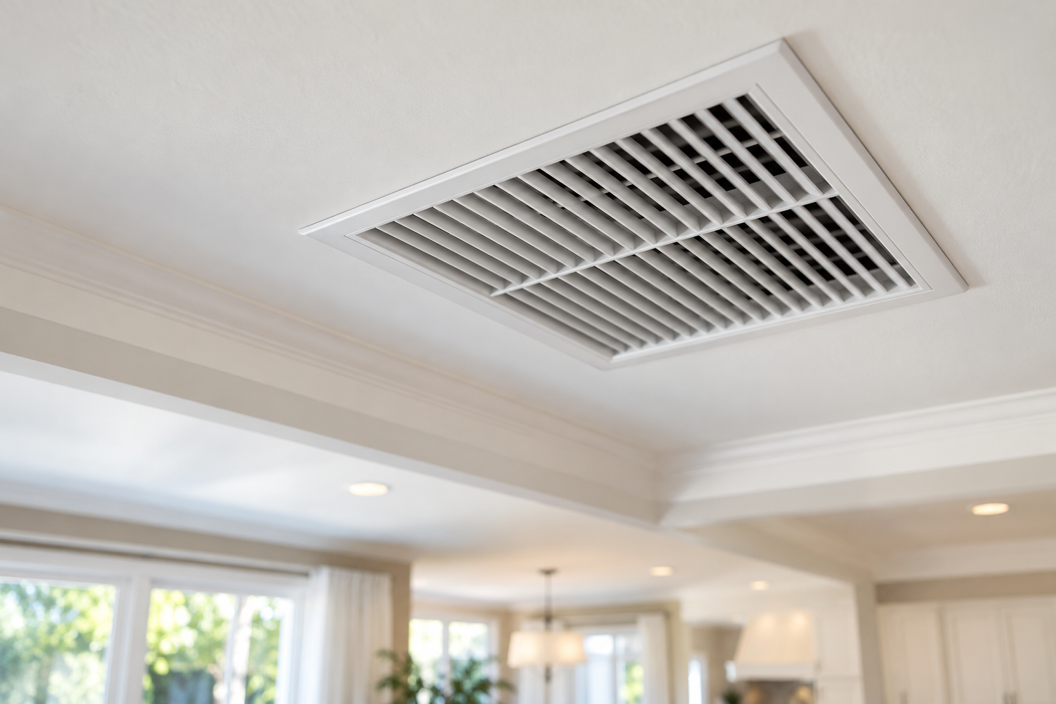 Illustrative clean ceiling vent in a bright home